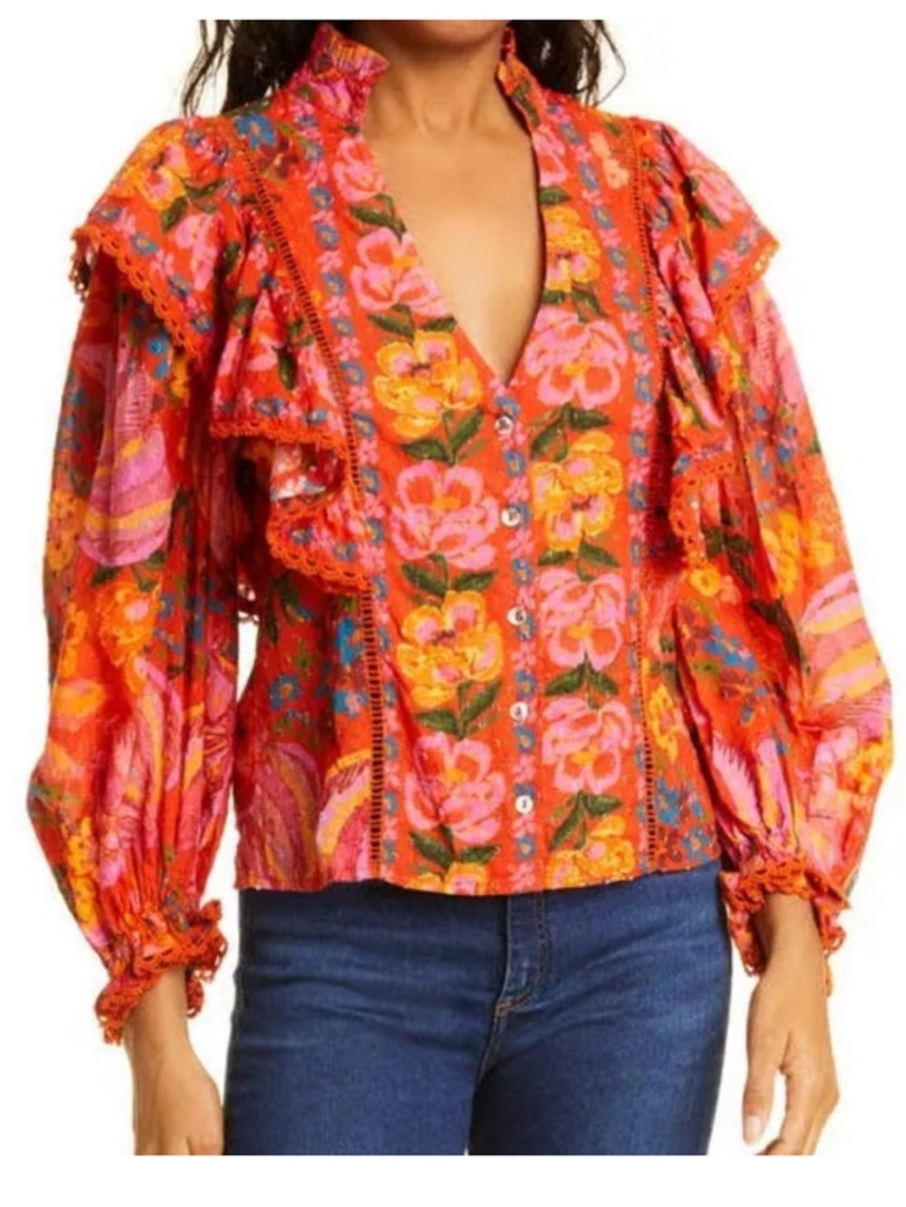 Farm Rio Red Spring Bananas -Floral Ruffle Button-Front Blouse - Picture 5 of 7